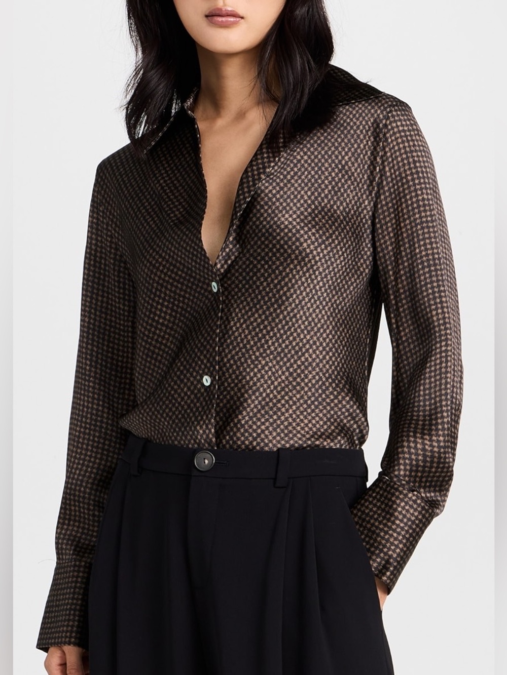 Vince Brown and Black Satin Patterned Button-Up Blouse